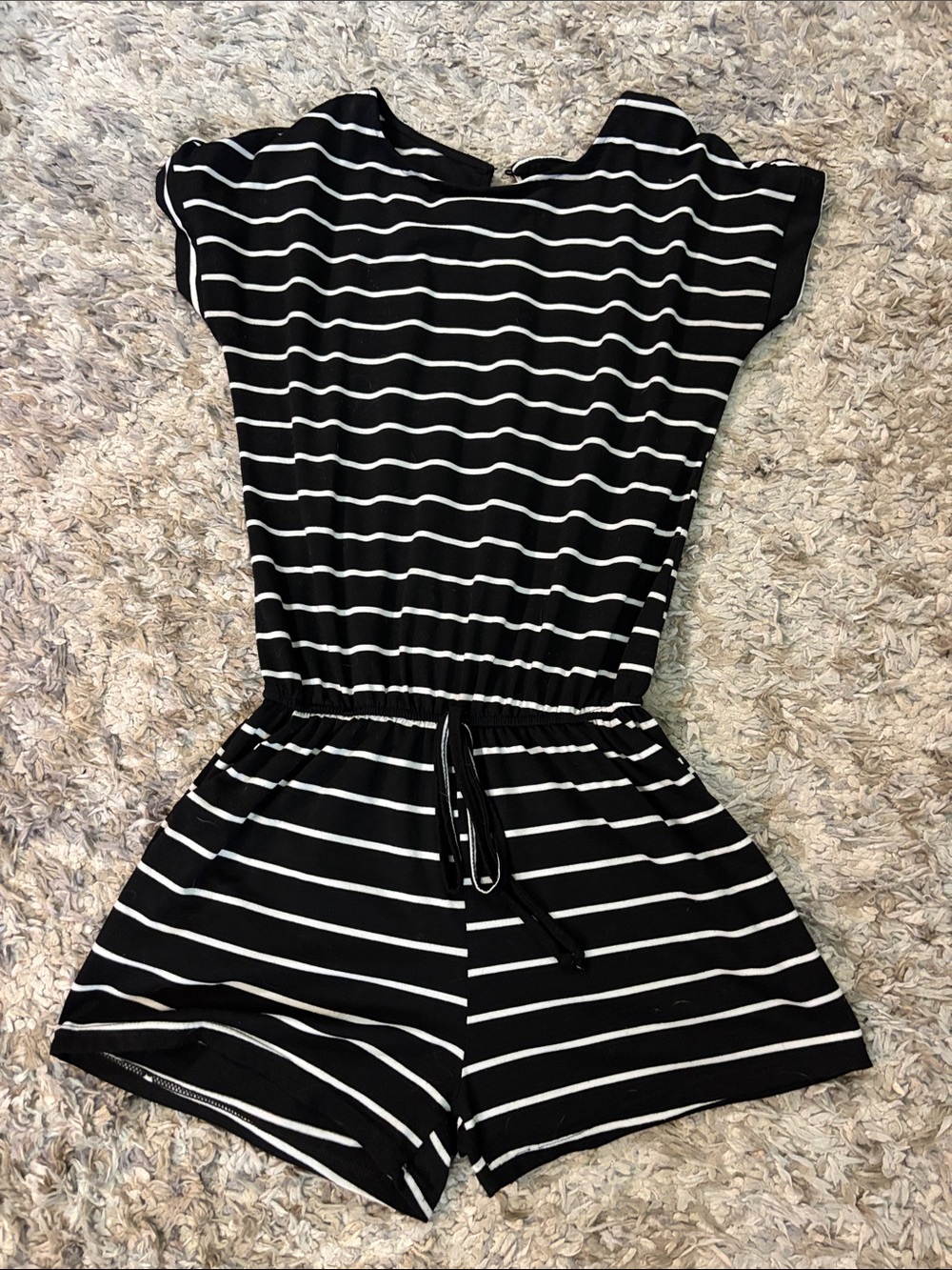 Black & White Striped Short Sleeve Romper with Drawstring Waist